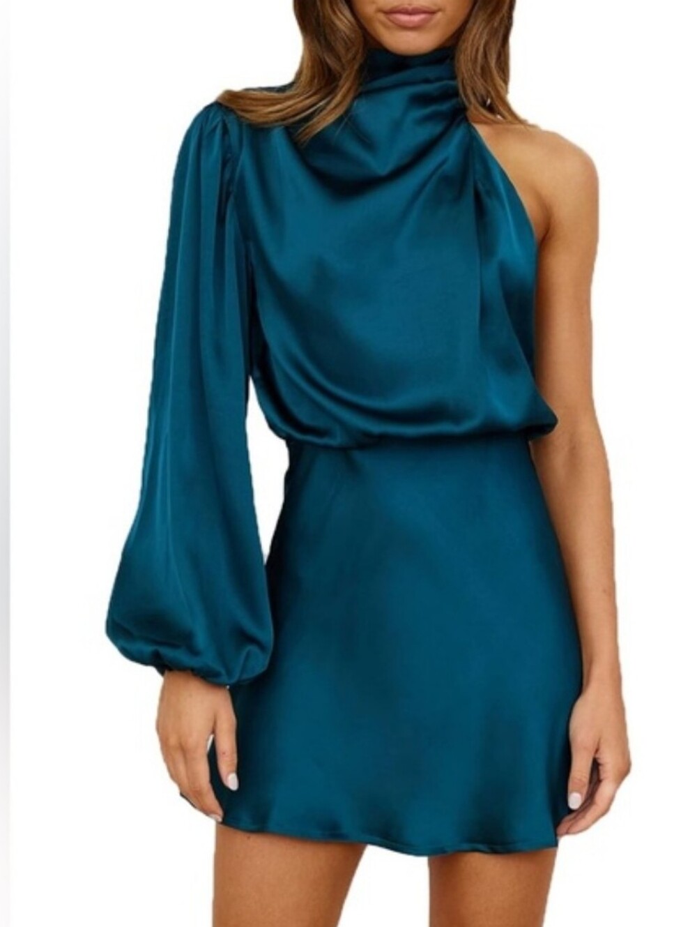 Billy J Teal One-Shoulder Satin Mini Dress Size 6